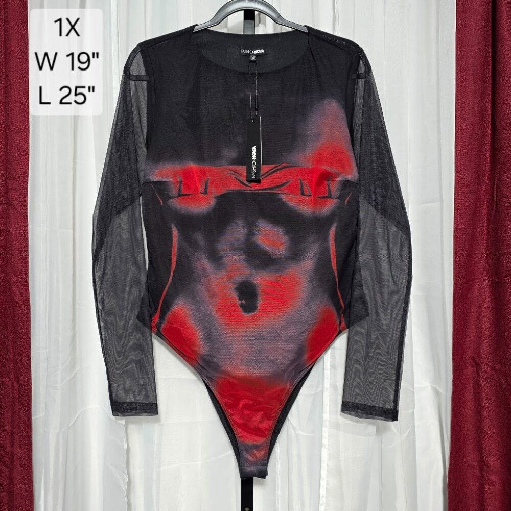 Fashion Nova Losing Control Mesh Bodysuit 1X Plus Size Body Print Red NWT